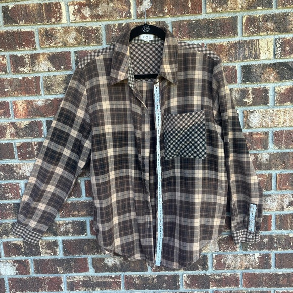 POL Oversized Brown Plaid Shirt Tunic Fall Boho Lace Detail Button Up Small S - Picture 4 of 9